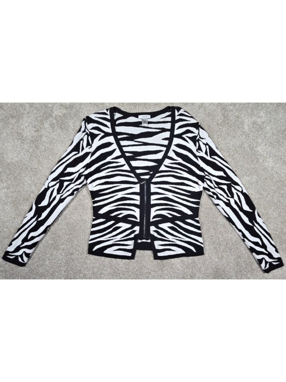 Cache Zebra Print Front Zip Cardigan Sweater V-Neck Office Retro Party Women L